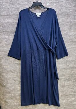Carolyn Strauss Collection Wrap Dress Womens Size 2X Navy Blue 3/4 Sleeve Casual